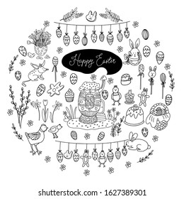 Big Easter set in doodle style. There are treats such as cakes, cupcakes, lollipops, biscuits. Cute decorations, flowers, farm animals, cozy egg house. Garlands with eggs, chickens and rabbits. 