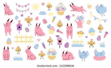 Big Easter set with festive elements. Easter decorated eggs, rabbit, bunny, hens, flowers, birdhouse, flower basket.Hand drawn vector cute illustration