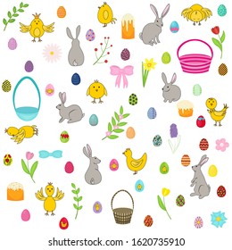 Big easter set in flat style isolated on white background. Stock vector illustration for decoration and design, packaging, Easter, cards, banners, posters, web pages, stickers, fabrics, children books