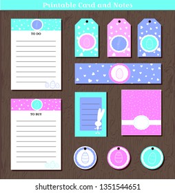 Big Easter set printable cards and notes with bunnies and hearts. Vector illustration for Easter party print and cut greeting cards, invitations, worksheet. Colorful templates spring holliday.