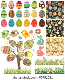 Big easter set with traditional eggs. Traditional detailed eggs, flowers,birds and rabbits. Contains 18 Easter eggs, one stylized tree, 3 seamless patterns and 2 seamless borders.