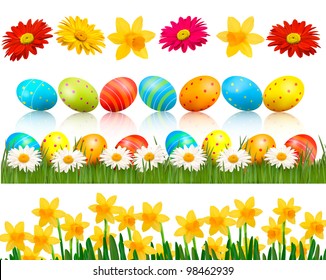 Big Easter set with traditional eggs and  flowers. Vector.