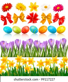 Big Easter set with traditional eggs flowers and bow and ribbons. Vector