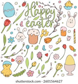 big easter spring set - kulich, eggs, candle, flowers, willow, twigs, rabbits and chickens, vector color isolated design element, hand drawn doodle element, for kids