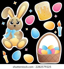 Big easter sticker set with brown bunny with blue bow, wicker basket with colorful eggs, easter cake, candles and stars on black background. Happy Easter stickers for print with cute cartoon bunny