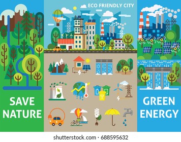 Big ecology set for info graphics. Landscape with ecology concept. Eco friendly city with buildings, transport and nature ecology elements in flat style. Vector illustration for brochures and websites