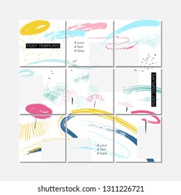 Big editable puzzle template for social media post templates. For personal and business accounts. White background with abstract elements in the form of brush strokes and colorful color spots. Vector