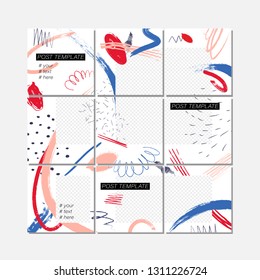 Big  editable puzzle template for social media post templates. For personal and business accounts. White background with abstract elements in the form of brush strokes and colorful color spots. Vector