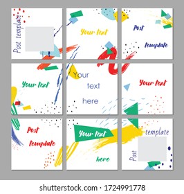 Big editable puzzle template for social media post templates. For personal and business accounts. White background with abstract elements in the form of brush strokes and colorful color spots.Vector