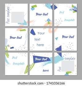Big editable puzzle template for social media post templates. For personal and business accounts. White background with abstract elements in the form of brush strokes and colorful color spots.Vector
