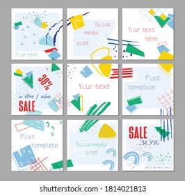 Big editable puzzle template for social media post templates. For personal and business accounts. White background with abstract elements in the form of brush strokes and colorful color spots.Vector