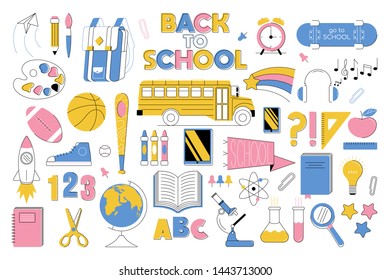 Big education set collection icons subjects back to school in line minimalist style colorful illustration. School bus, pencil, book, ball, globe, ball, backpack, rocket, microscope, chemistry flasks.