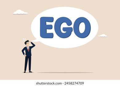 Big ego, overconfident boss, self-important mistake concept, overconfident businessman with big EGO bubble.