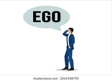 Big ego, overconfident boss, self-important mistake concept, overconfident businessman with big EGO bubble.
