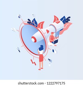 Big electronic megaphone or bullhorn, tiny people, managers or clerks and place for text. Internet advertising and social media marketing or SMM. Colored modern isometric vector illustration.