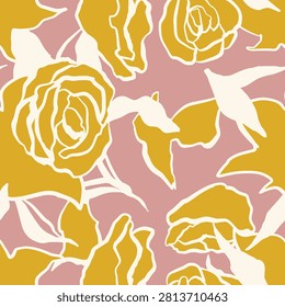Big Elegant Macro Elements Roses and Leaves, Big Scale Vector Art Seamless Pattern, Botanical Style All over Print Pattern, Textile Design Premium Pattern.