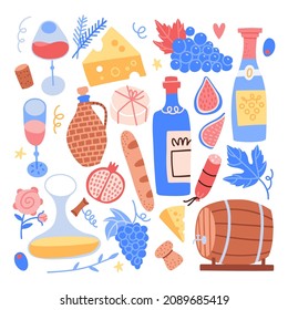 Big elements collection for Beaujolais Nouveau. Festival of new wine in France. Wine and food set. Vector flat hand drawn illustration.