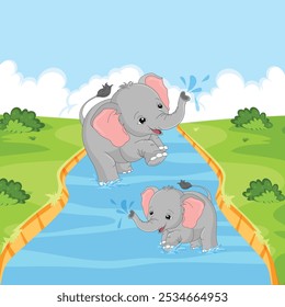 Big elephant and baby elephant sitting in the river and pouring water from its trunk vector illustration