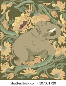 Big elephant in the background of green and yellow plants.Illustration made on individual layers.