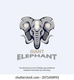 Big elephant head logo with long tusks. Big animal logo. Elephant animal mascot. Team logo for the game