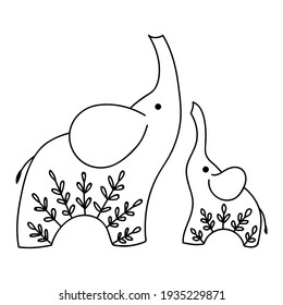 Big elephant and little elephant drawn by hands in doodle style. Monochrome vector outline illustration isolated on white background.