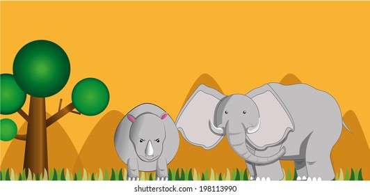 a big elephant and a rhino in a safari background