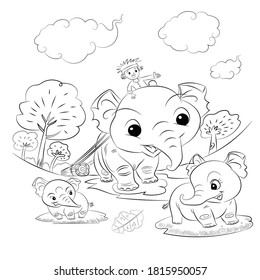 A big elephant and two younger brothers walked in the forest with people.Stock vector images for colorimg pages,preschool coloring,animals life illustration,children book illustration,background.
