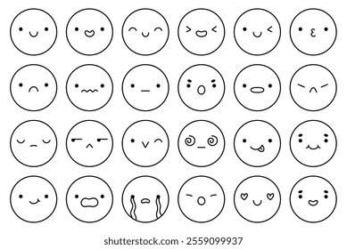 A big emoji set with different facial expressions. Doodle characters with happy, joyful, disappointed, sad, surprised, angry, playful mood. Vector illustration. Perfect for social media, stickers.