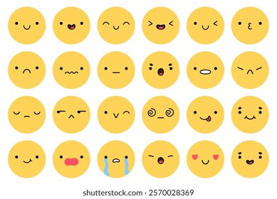 A big emoji set with different facial expressions. Yellow characters with happy, joyful, disappointed, sad, surprised,angry, playful mood. Vector flat illustration. Perfect for social media, stickers.