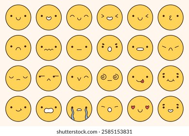 A big emoji set with different facial expressions. Yellow characters with happy, joyful, disappointed, sad, surprised,angry, playful mood. Vector doodle illustration.Perfect for social media, stickers