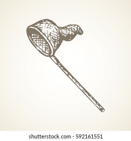 Big empty aerial sweep food reticle catcher element on white sky backdrop. Freehand outline black ink hand drawn pictogram design concept. Art retro doodle style pen on paper. Closeup view text space