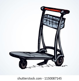 Big empty arrival move handcart basket truck on white background. Black line ink hand drawn ship storage box wagon logo sign pictogram sketch in modern art doodle cartoon style on paper space for text