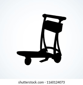 Big empty arrival move handcart basket truck on white background. Black ink hand drawn ship storage box wagon logo sign pictogram emblem in modern art silhouette contour print style on space for text