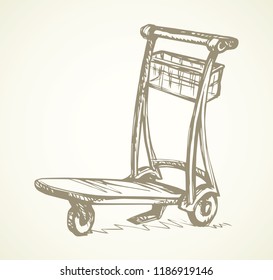 Big empty arrival move handcart basket truck on white background. Black line ink hand drawn storage box wagon logo sign pictogram sketch in modern art doodle cartoon style on paper space for text