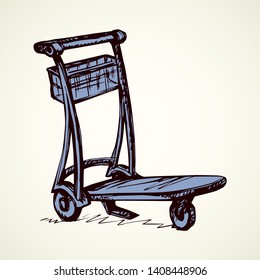 Big empty arrival move handcart basket truck on white background. Black line ink hand drawn ship storage box wagon logo sign pictogram sketch in modern art doodle cartoon style on paper space for text