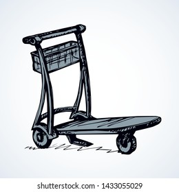 Big empty arrival move handcart basket truck on white background. Black line ink hand drawn ship storage box wagon logo sign pictogram sketch in modern art doodle cartoon style on paper space for text
