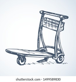 Big empty arrival move handcart basket truck on white background. Black line ink hand drawn ship storage box wagon logo sign pictogram sketch in modern art doodle cartoon style on paper space for text