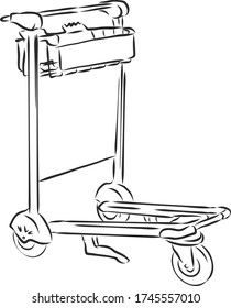 Big empty arrival move handcart basket truck on white background. Luggage cart, vector sketch illustration