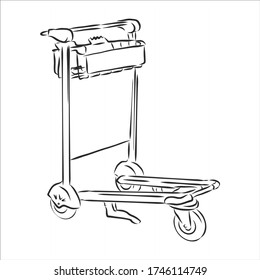 Gran camión de la cesta de la cesta del carro de llegada vacío sobre fondo blanco. Carro de equipaje, ilustración de esbozo vectorial