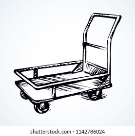 Big empty forklift handcart dolly basket on white platform backdrop. Black outline ink hand drawn goods box wagon logo sign pictogram sketch in modern art doodle cartoon style on paper space for text