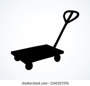 Big empty forklift handcart dolly basket on white background. Black ink hand drawn ship storage box wagon logo sign pictogram emblem in modern art silhouette contour print style on space for text