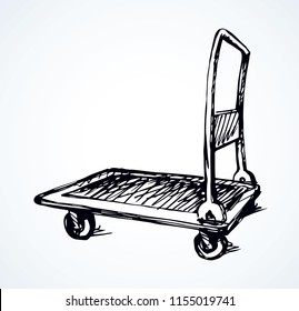 Big empty forklift handcart dolly basket on white platform backdrop. Black outline ink hand drawn goods box wagon logo sign pictogram sketch in modern art doodle cartoon style on paper space for text