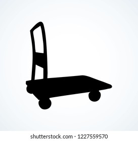 Big empty forklift handcart dolly basket on white background. Black ink hand drawn ship storage box wagon logo sign pictogram emblem in modern art silhouette contour print style on space for text