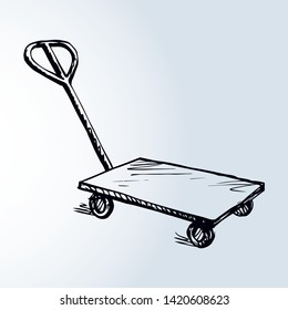 Big empty forklift handcart dolly basket on white platform backdrop. Black outline ink hand drawn goods box wagon logo sign pictogram sketch in modern art doodle cartoon style on paper space for text