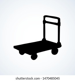 Big empty forklift handcart dolly basket on white background. Black ink hand drawn ship storage box wagon logo sign pictogram emblem in modern art silhouette contour print style on floor text space