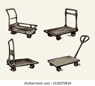 Big empty forklift handcart dolly basket on white platform backdrop. Black outline ink hand drawn goods box wagon logo sign pictogram sketch in modern art doodle cartoon style on paper space for text