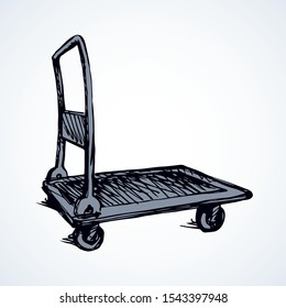 Big empty forklift handcart dolly basket on white platform backdrop. Black outline ink hand drawn goods box wagon logo sign pictogram sketch in modern art doodle cartoon style on paper space for text