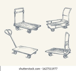 Big empty forklift handcart dolly basket on white platform backdrop. Black outline ink hand drawn goods box wagon logo sign pictogram sketch in modern art doodle cartoon style on paper space for text