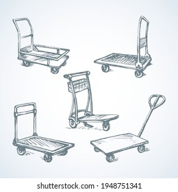 Big empty forklift handcart dolly basket on white platform backdrop. Black line ink hand drawn ship box wagon logo sign pictogram sketch in modern art doodle cartoon style on paper space for text