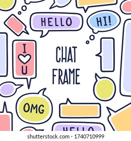 Big empty frame area made from colorful small chat or speech bubbles. Vector hand drawn illustration